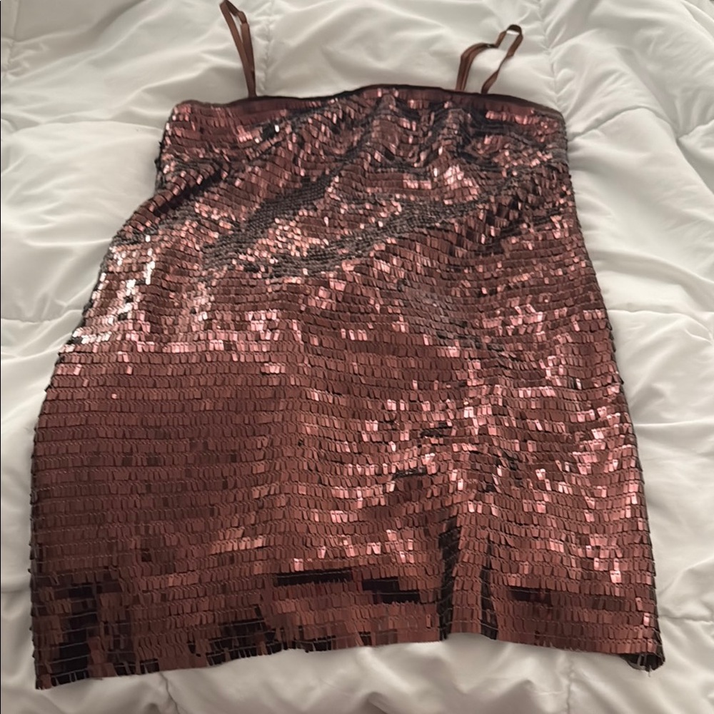 Astr Gold Sequin Mini Dress with Slit and Spaghetti Straps